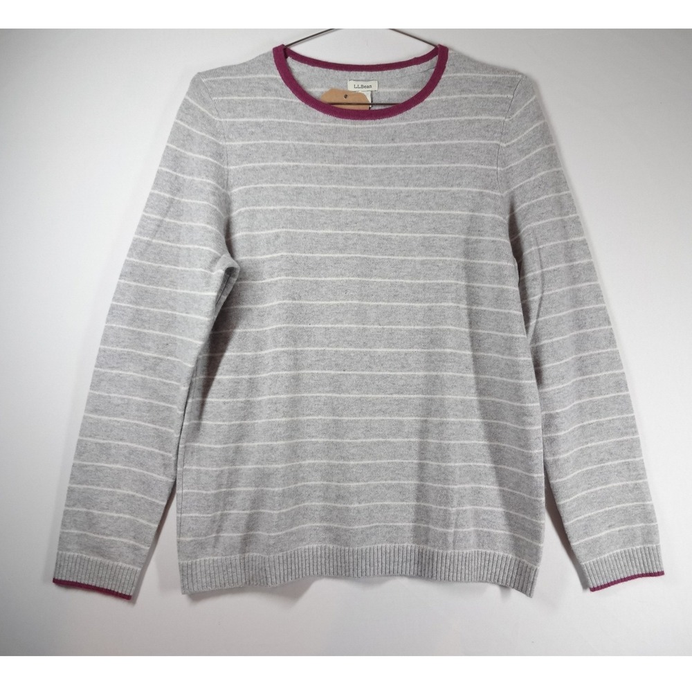 L.L. Bean Cashmere Sweater Womens Medium Grey Striped Purple Trim Luxury Preppy